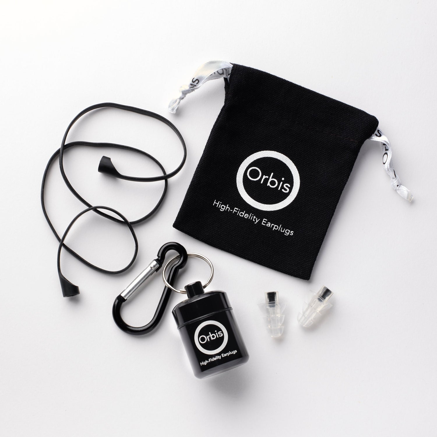 Complete Orbis SoundShield Kit featuring Orbis Elite earplugs, aluminum waterproof SoundShield case, Voyager lanyard, and TravelSafe cotton bag.