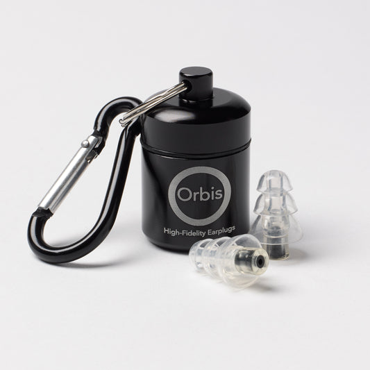 Orbis Elite high-fidelity earplugs alongside a black carrying case with a carabiner, emphasizing portability and ease of use.