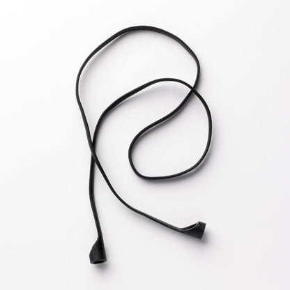 Black rubber earplug cord elegantly displayed, highlighting its sleek design and flexibility for easy handling and storage.