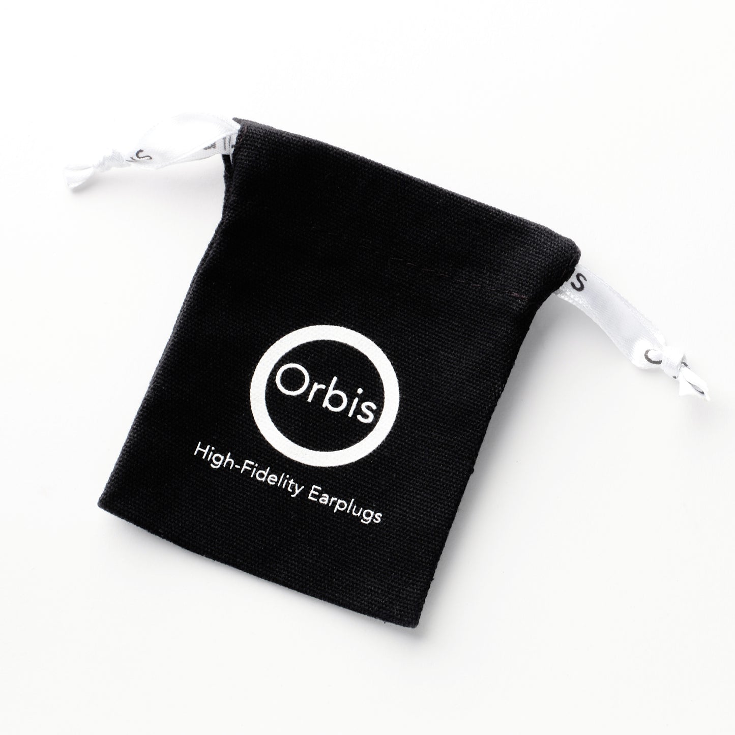 Soft cotton drawstring bag for storing Orbis Elite earplugs, emphasizing lightweight and practical storage.