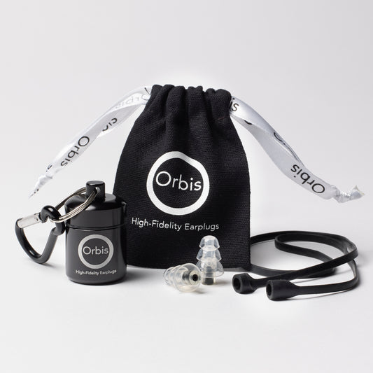 Orbis Elite earplugs with their black carrying case and accessories arranged upright, highlighting the product's portability and design.