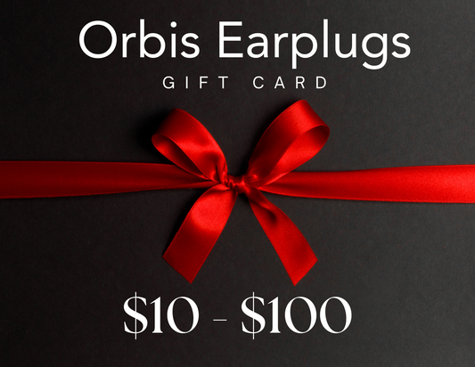 Orbis Earplugs Gift Card with denominations from $10 to $100, featuring a red ribbon on a black background